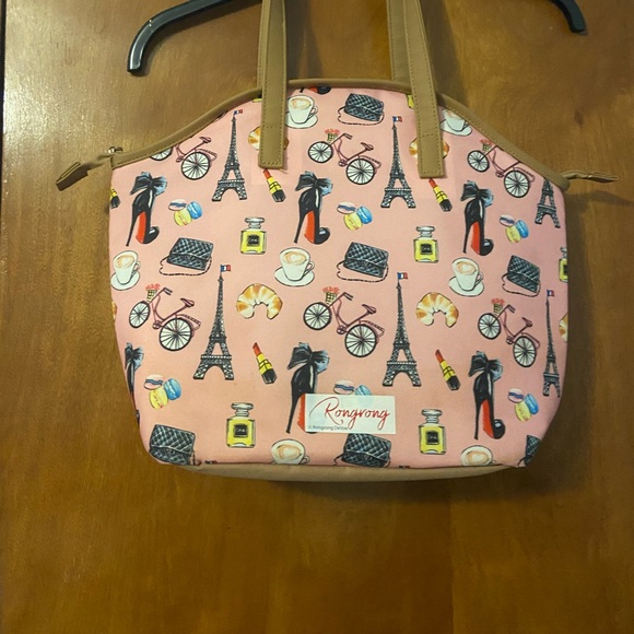 Rongrong devoe Handbags - Pink Paris Print Tote Bag with Tan Handles